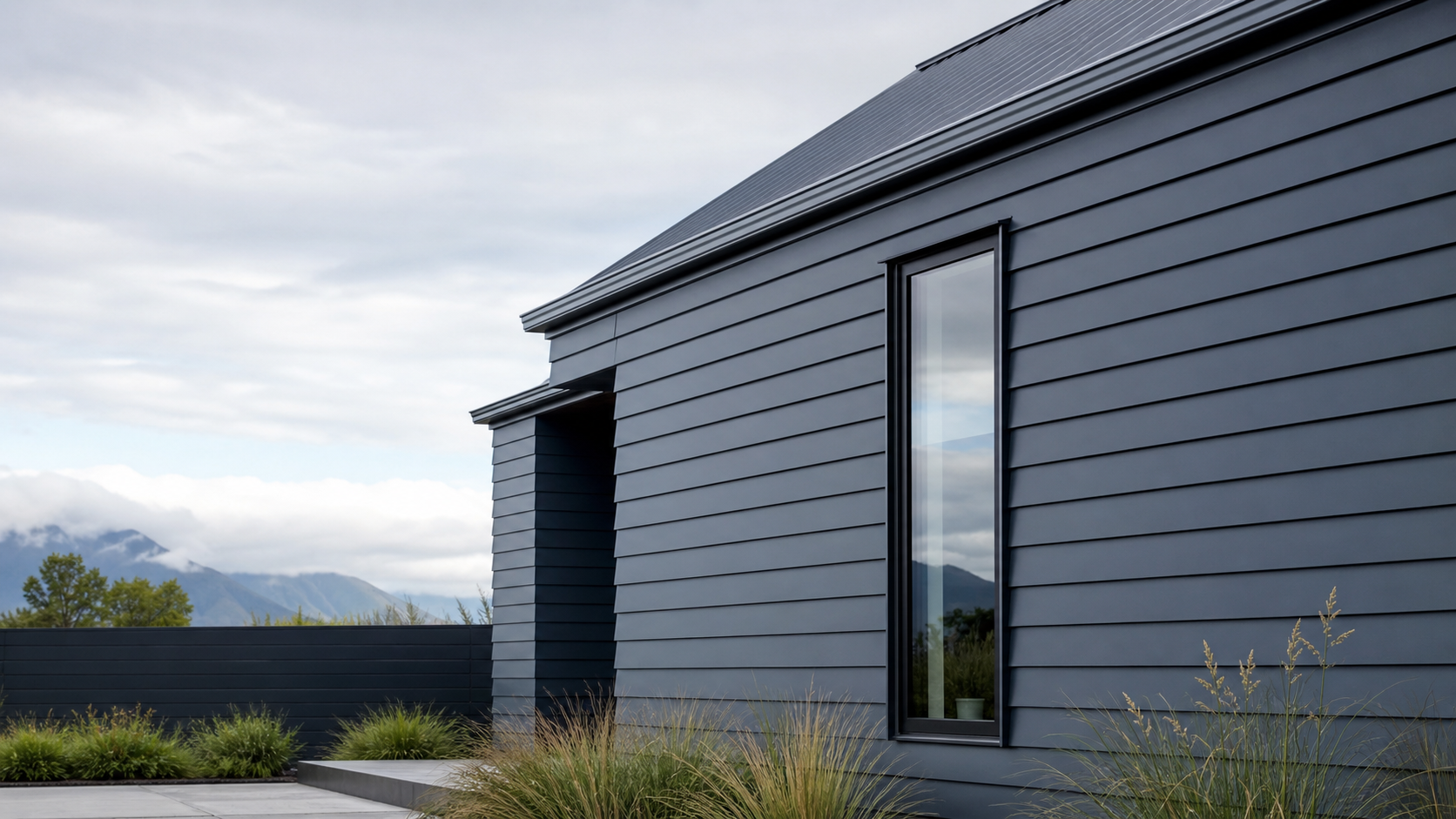 Freshly coated blue-grey weatherboard home exterior in Canterbury